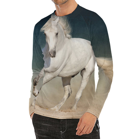 White Stallion Horse Print Men's Long Sleeve Rash Guard
