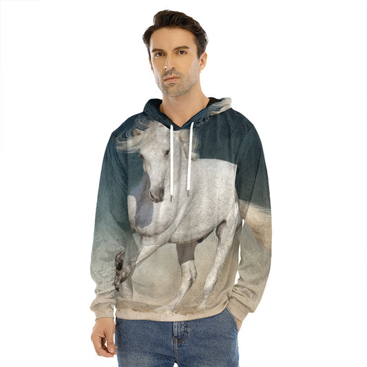 White Stallion Horse Print Men's Velvet Pullover Hoodie