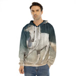 White Stallion Horse Print Men's Velvet Pullover Hoodie