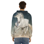 White Stallion Horse Print Men's Velvet Pullover Hoodie