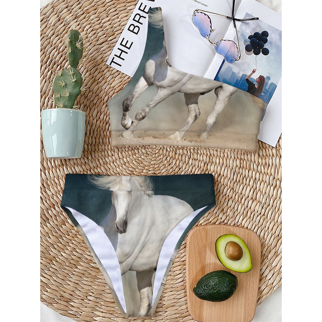 White Stallion Horse Print One Shoulder Bikini Top