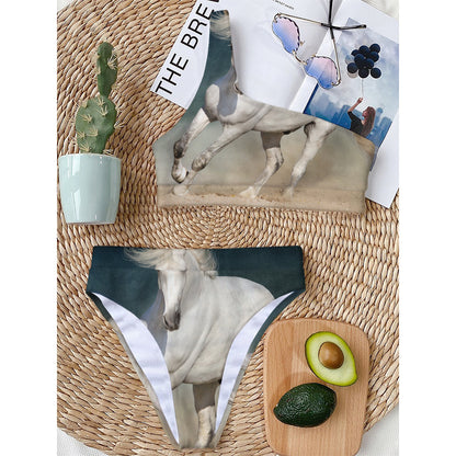 White Stallion Horse Print One Shoulder Bikini Top
