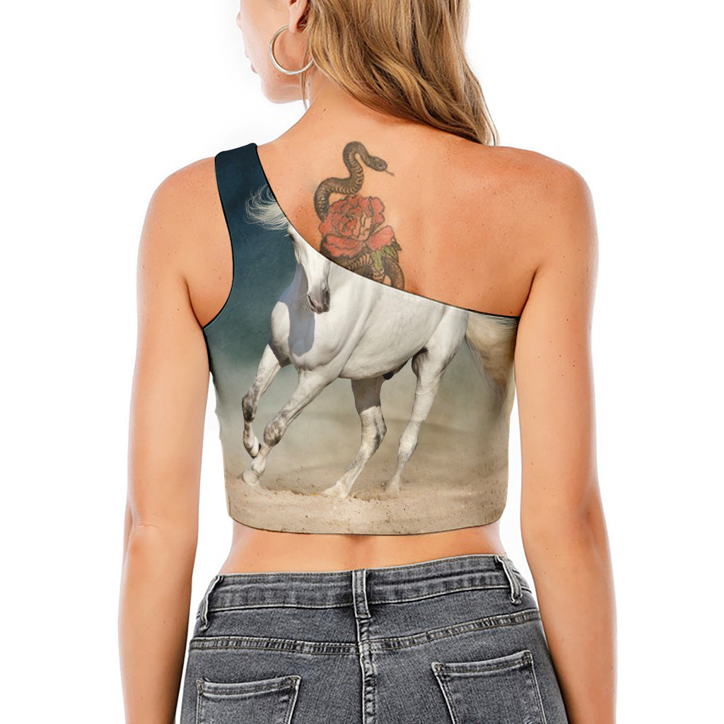 White Stallion Horse Print One Shoulder Crop Top