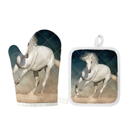 White Stallion Horse Print Oven Mitt And Pot Holder Set