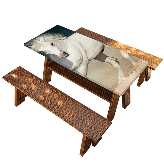 White Stallion Horse Print Picnic Table Cover