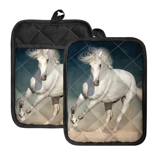 White Stallion Horse Print Pot Holders With Pocket