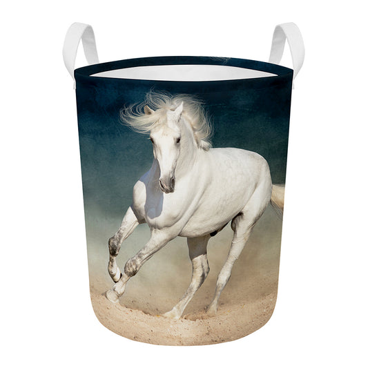 White Stallion Horse Print Round Laundry Basket