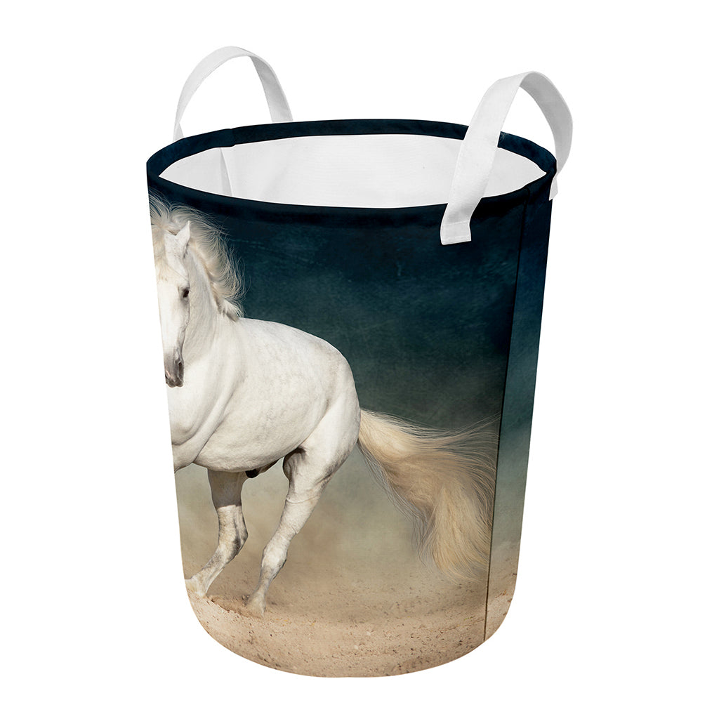 White Stallion Horse Print Round Laundry Basket