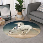 White Stallion Horse Print Round Rug