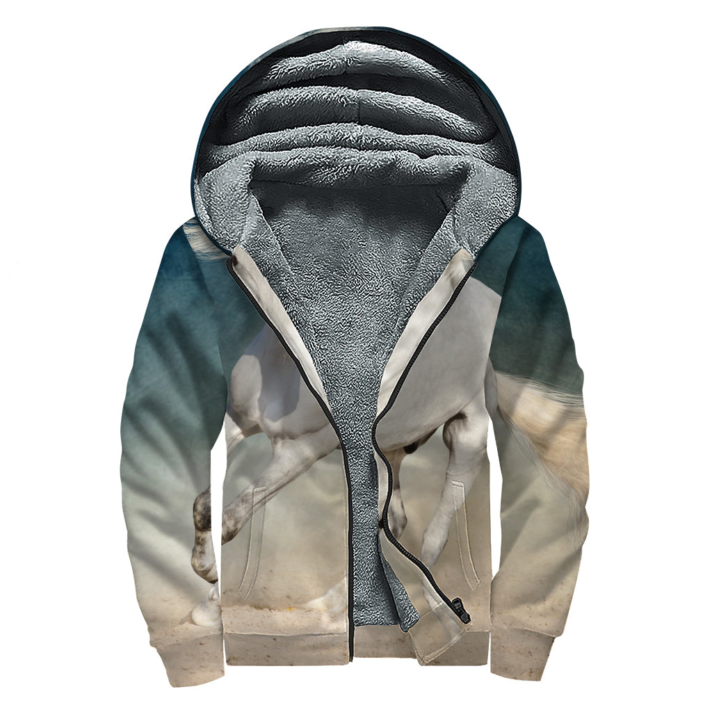 White Stallion Horse Print Sherpa Lined Zip Up Hoodie