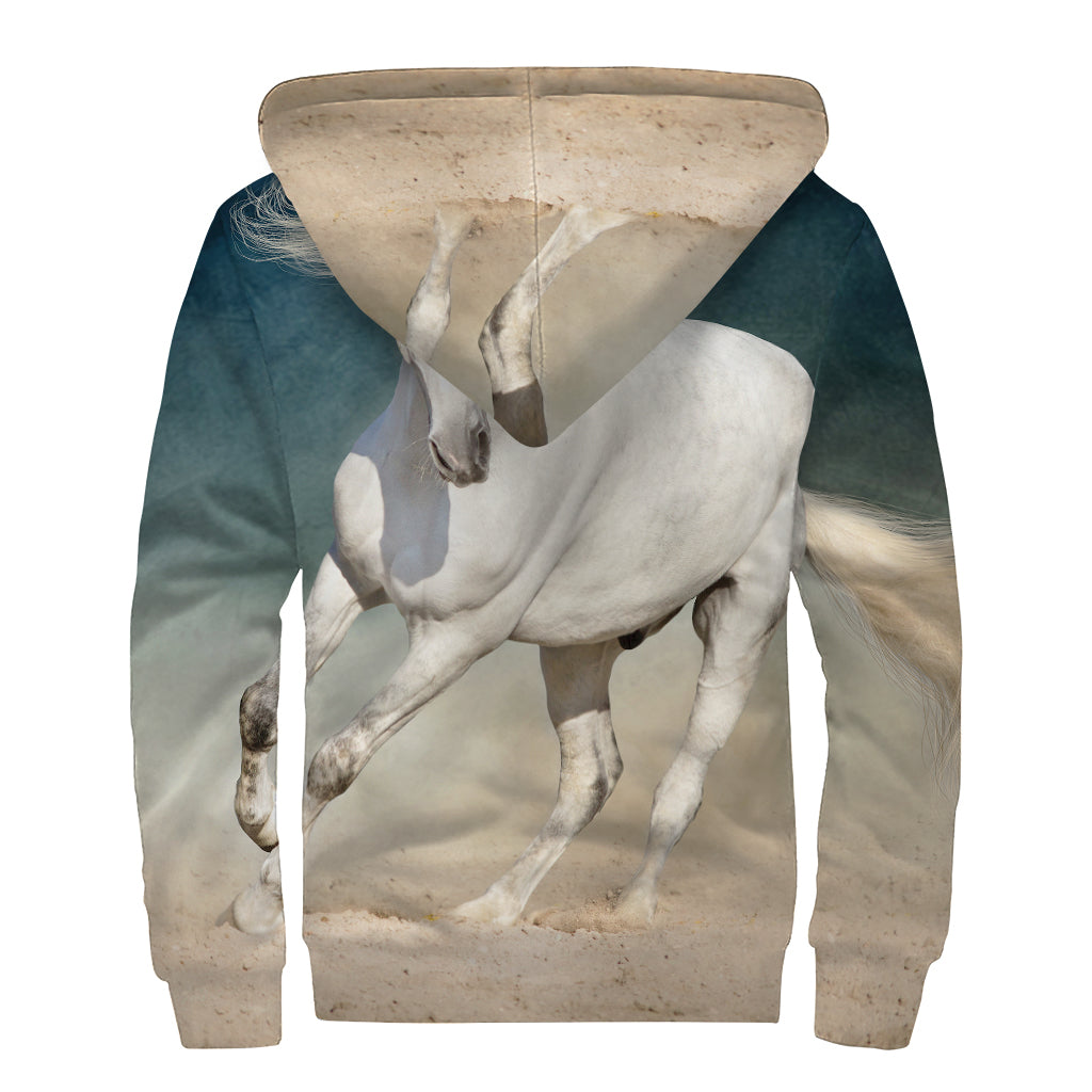 White Stallion Horse Print Sherpa Lined Zip Up Hoodie