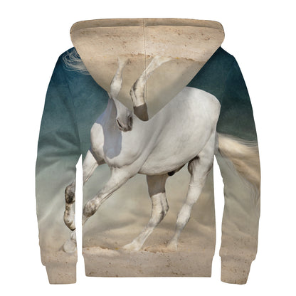 White Stallion Horse Print Sherpa Lined Zip Up Hoodie
