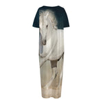 White Stallion Horse Print Short Sleeve Long Nightdress