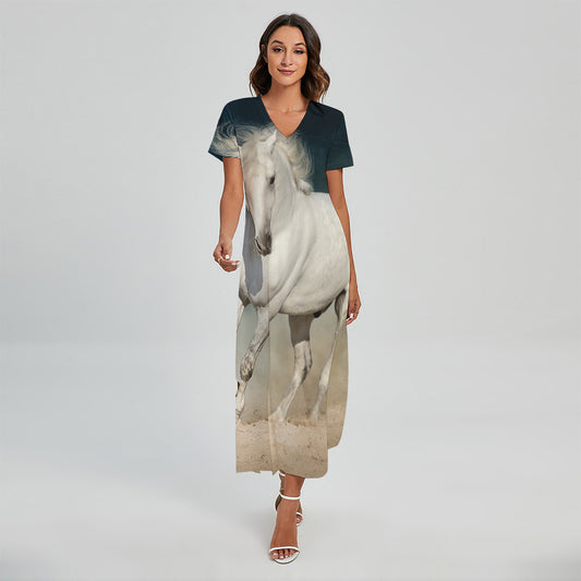 White Stallion Horse Print Short Sleeve Maxi Dress