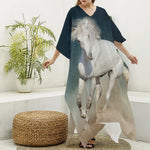 White Stallion Horse Print Silk V-Neck Kaftan Dress