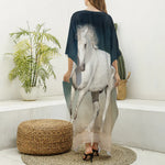 White Stallion Horse Print Silk V-Neck Kaftan Dress