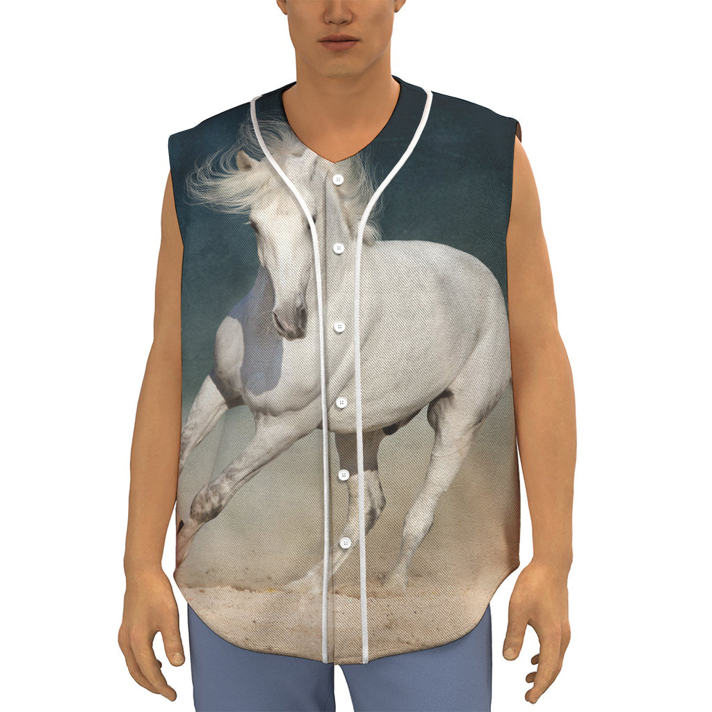 White Stallion Horse Print Sleeveless Baseball Jersey