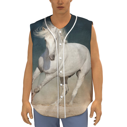 White Stallion Horse Print Sleeveless Baseball Jersey