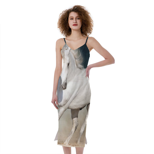 White Stallion Horse Print Slim Fit Midi Cami Dress