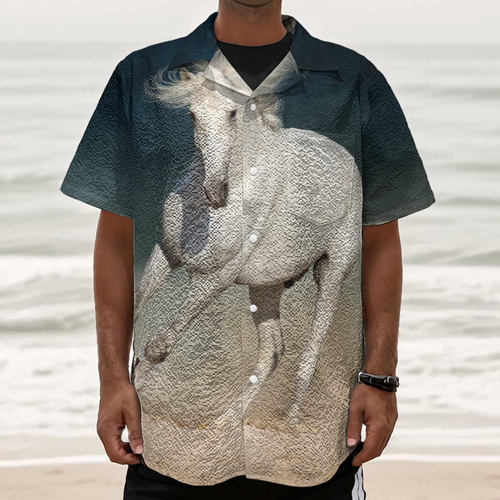 White Stallion Horse Print Textured Short Sleeve Shirt
