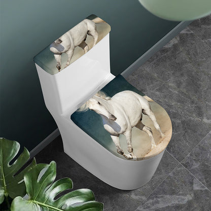 White Stallion Horse Print Toilet Lid And Tank Cover Set