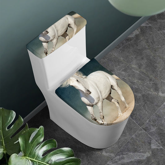 White Stallion Horse Print Toilet Lid And Tank Cover Set