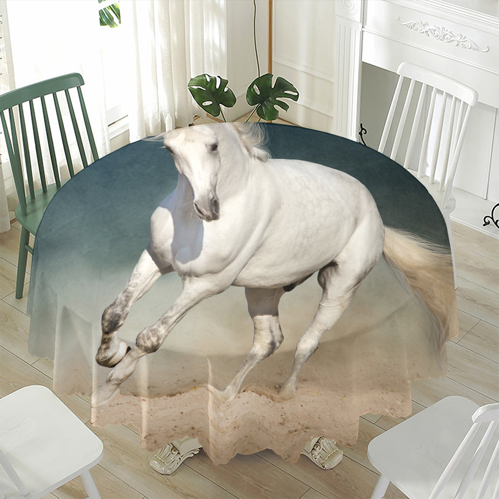 White Stallion Horse Print Waterproof Round Tablecloth