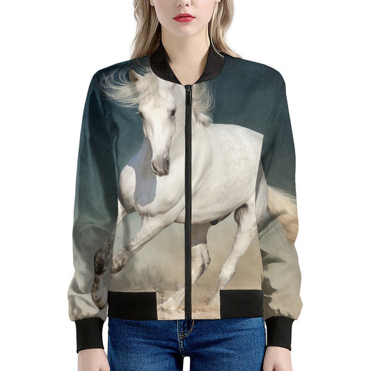 White Stallion Horse Print Women's Bomber Jacket