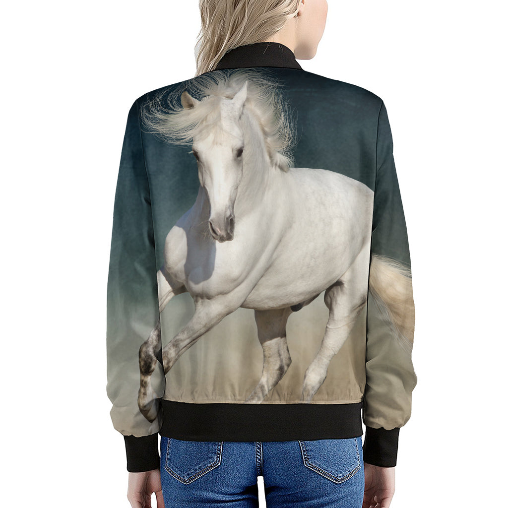 White Stallion Horse Print Women's Bomber Jacket