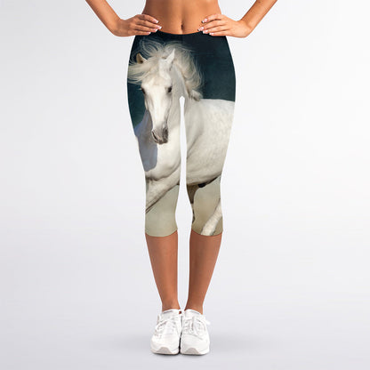 White Stallion Horse Print Women's Capri Leggings