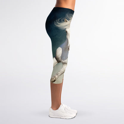 White Stallion Horse Print Women's Capri Leggings