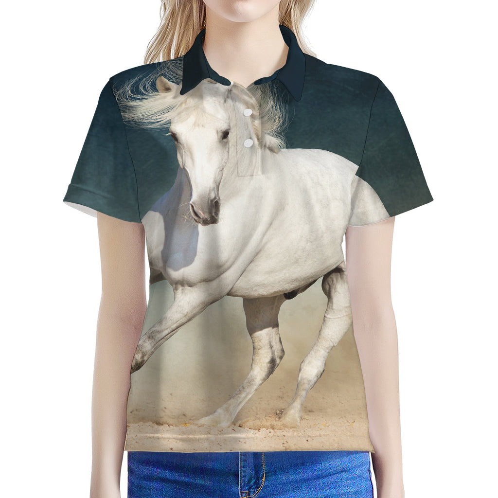 White Stallion Horse Print Women's Polo Shirt