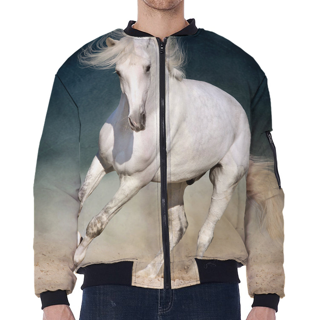 White Stallion Horse Print Zip Sleeve Bomber Jacket