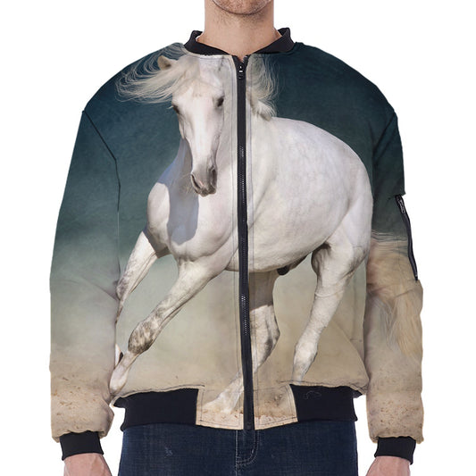 White Stallion Horse Print Zip Sleeve Bomber Jacket