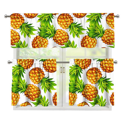 White Summer Pineapple Pattern Print 3 Piece Kitchen Curtains