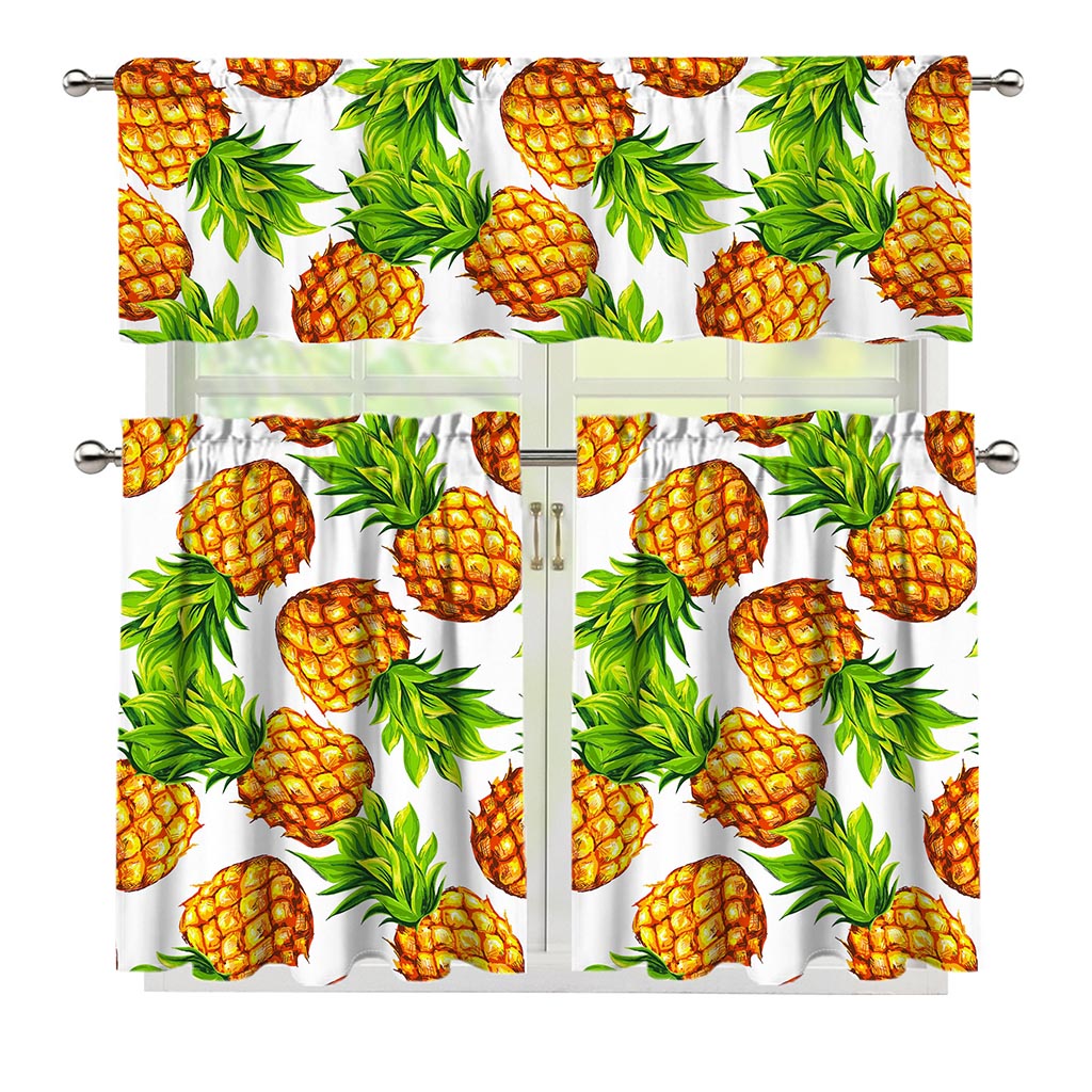 White Summer Pineapple Pattern Print 3 Piece Kitchen Curtains