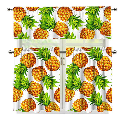 White Summer Pineapple Pattern Print 3 Piece Kitchen Curtains
