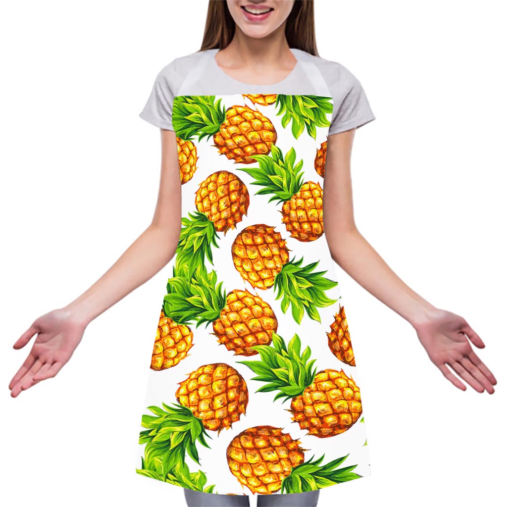 White Summer Pineapple Pattern Print Adjustable Apron