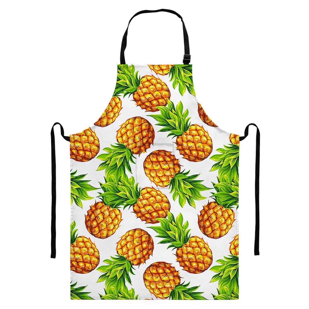 White Summer Pineapple Pattern Print Bib Apron With Pocket