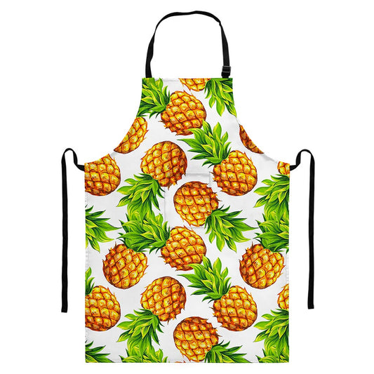 White Summer Pineapple Pattern Print Bib Apron With Pocket