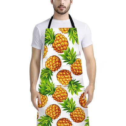 White Summer Pineapple Pattern Print Bib Apron With Pocket