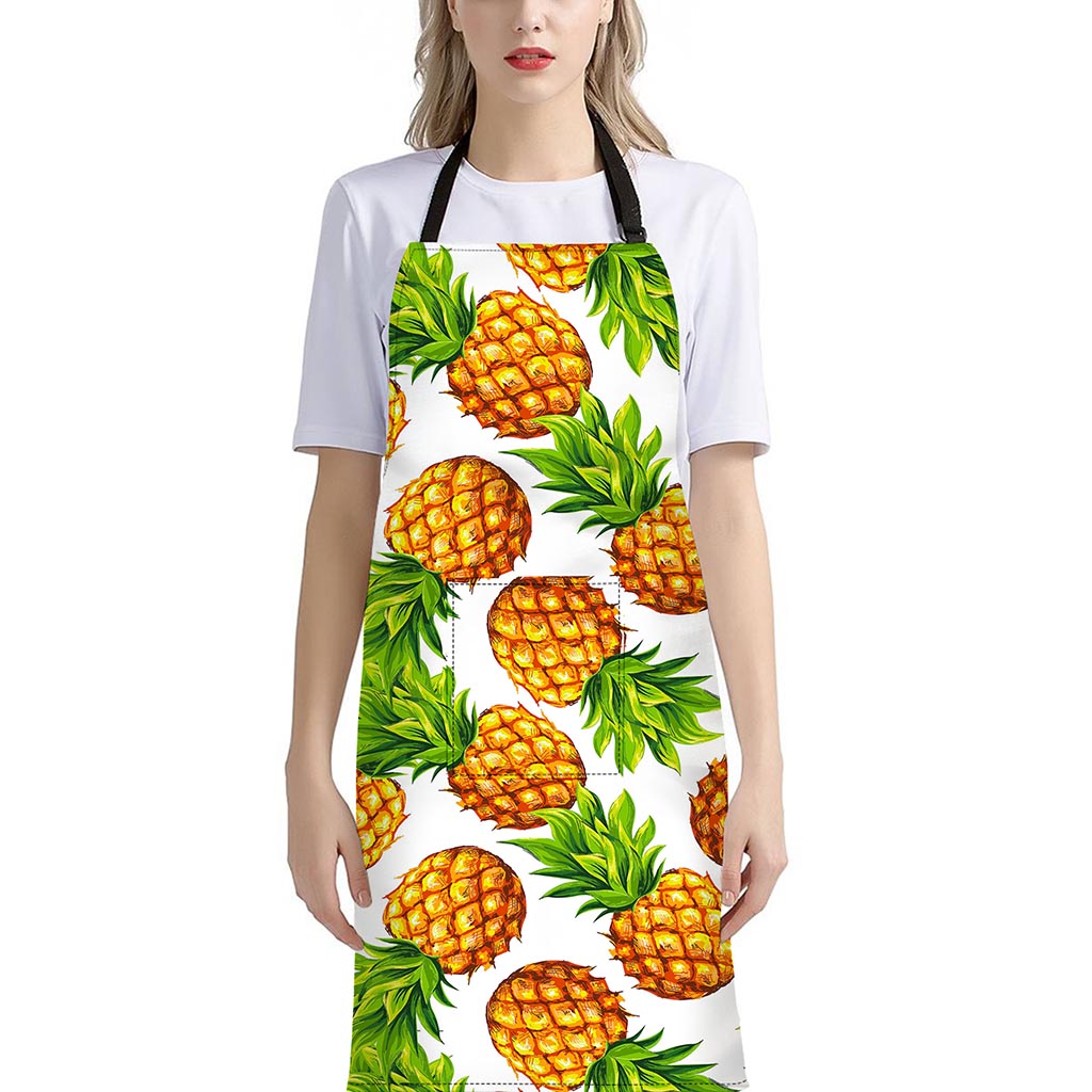 White Summer Pineapple Pattern Print Bib Apron With Pocket