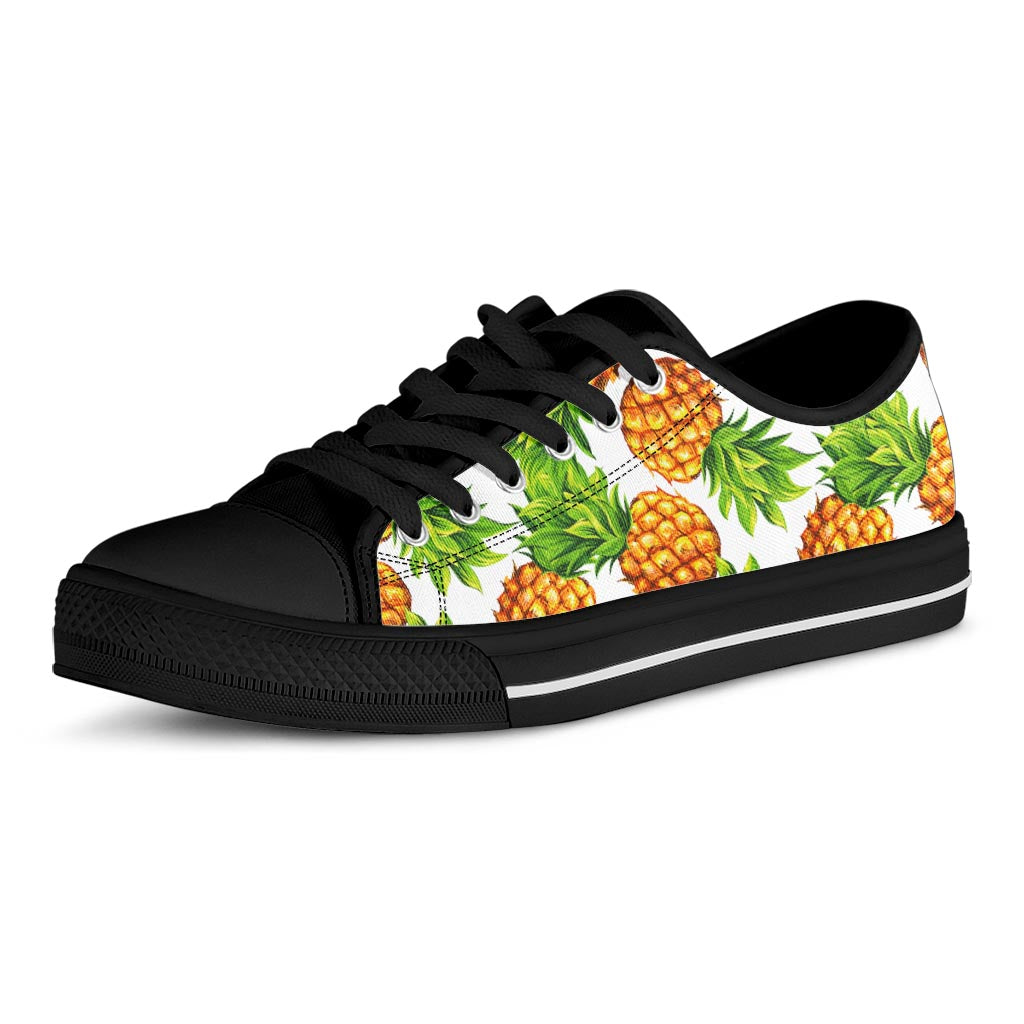 White Summer Pineapple Pattern Print Black Low Top Sneakers