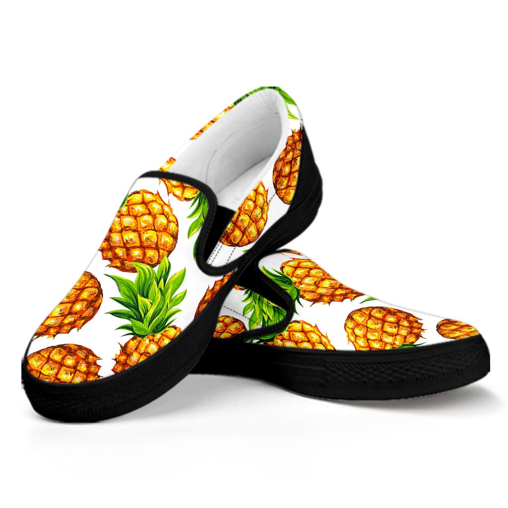 White Summer Pineapple Pattern Print Black Slip On Sneakers