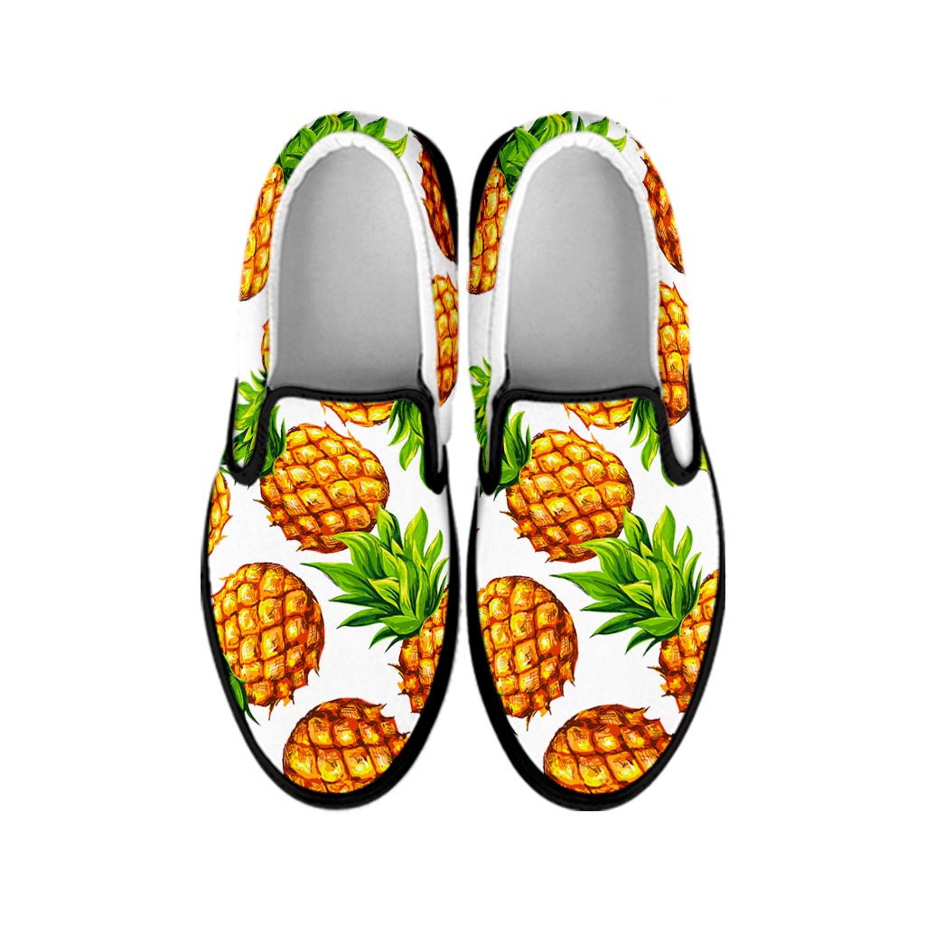 White Summer Pineapple Pattern Print Black Slip On Sneakers