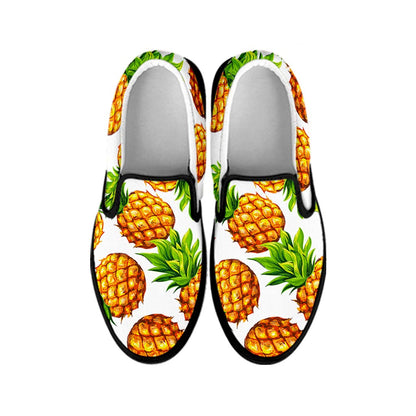 White Summer Pineapple Pattern Print Black Slip On Sneakers