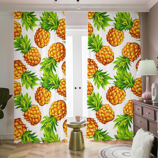 White Summer Pineapple Pattern Print Blackout Pencil Pleat Curtains