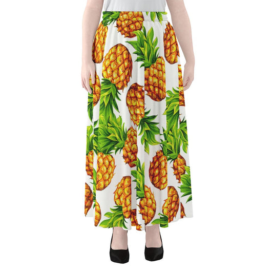 White Summer Pineapple Pattern Print Chiffon Maxi Skirt