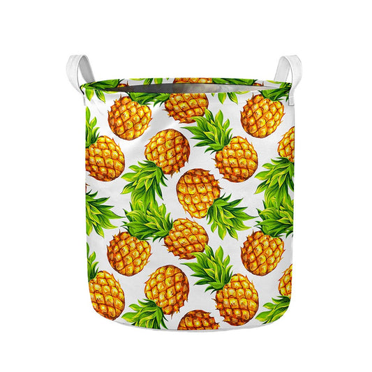 White Summer Pineapple Pattern Print Collapsible Laundry Basket