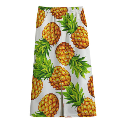 White Summer Pineapple Pattern Print Cotton Front Slit Maxi Skirt